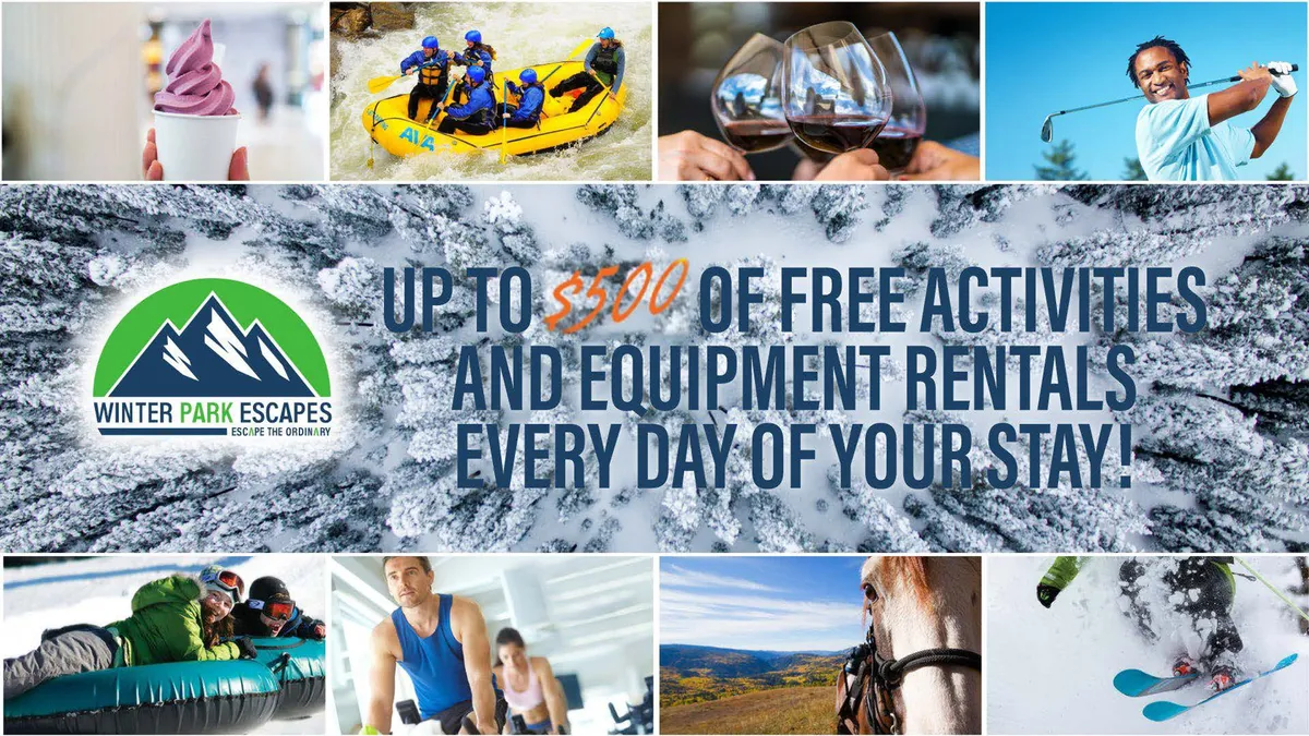 A dynamic collage showing the Winter Park Escapes logo alongside vivid images of outdoor activities such as rafting, skiing, golfing, and horseback riding, as well as promotional messaging about free activities. The scene exudes excitement and highlights the variety of exclusive adventures available to guests.